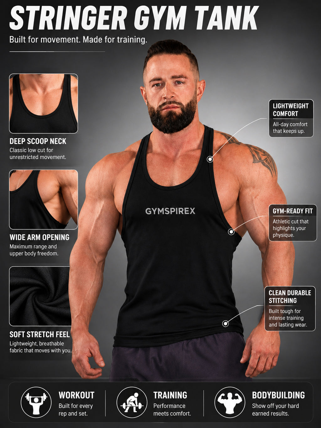 GymSpireX Performance Stringer Tank Top for men